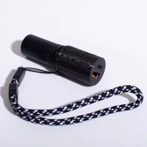 Chargeur USB Ravenfox Noir avec un port USB C, un port USB A, une prise XLR et un beau logo fusionnant un corbeau et un renard. On peut aussi voir une dragonne qui permet d'accrocher le chargeur sur la manette de son fauteuil.